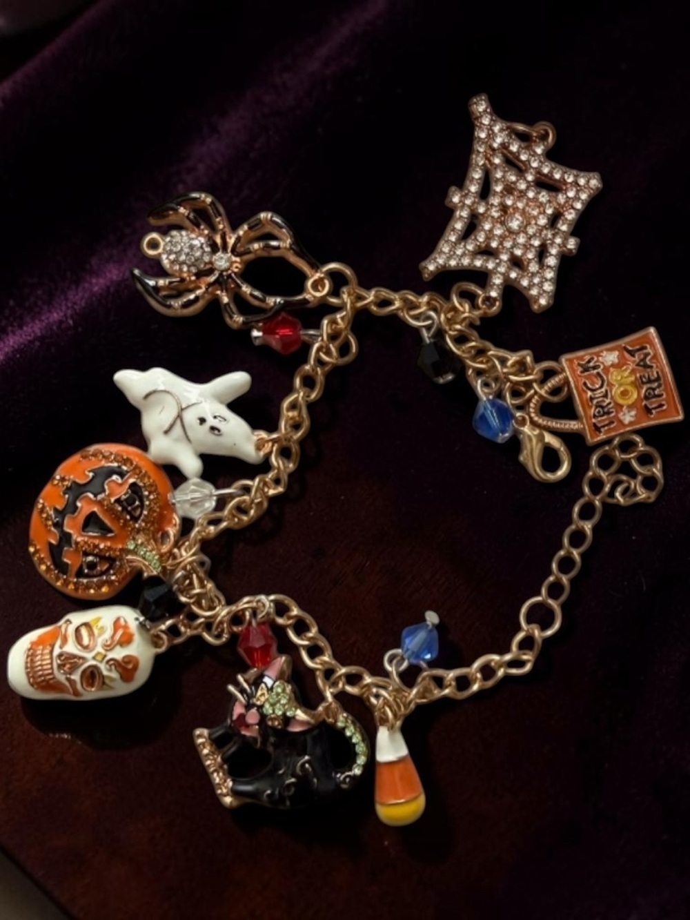 Gold-Tone Halloween Charm Bracelet with Orange, White & Black Accents